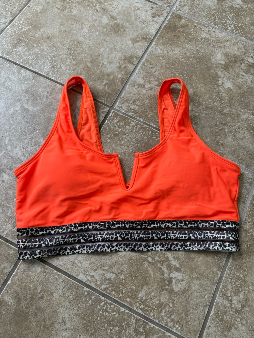 Pink Lily Bright Orange V-Notch Bikini Top with Leopard Trim